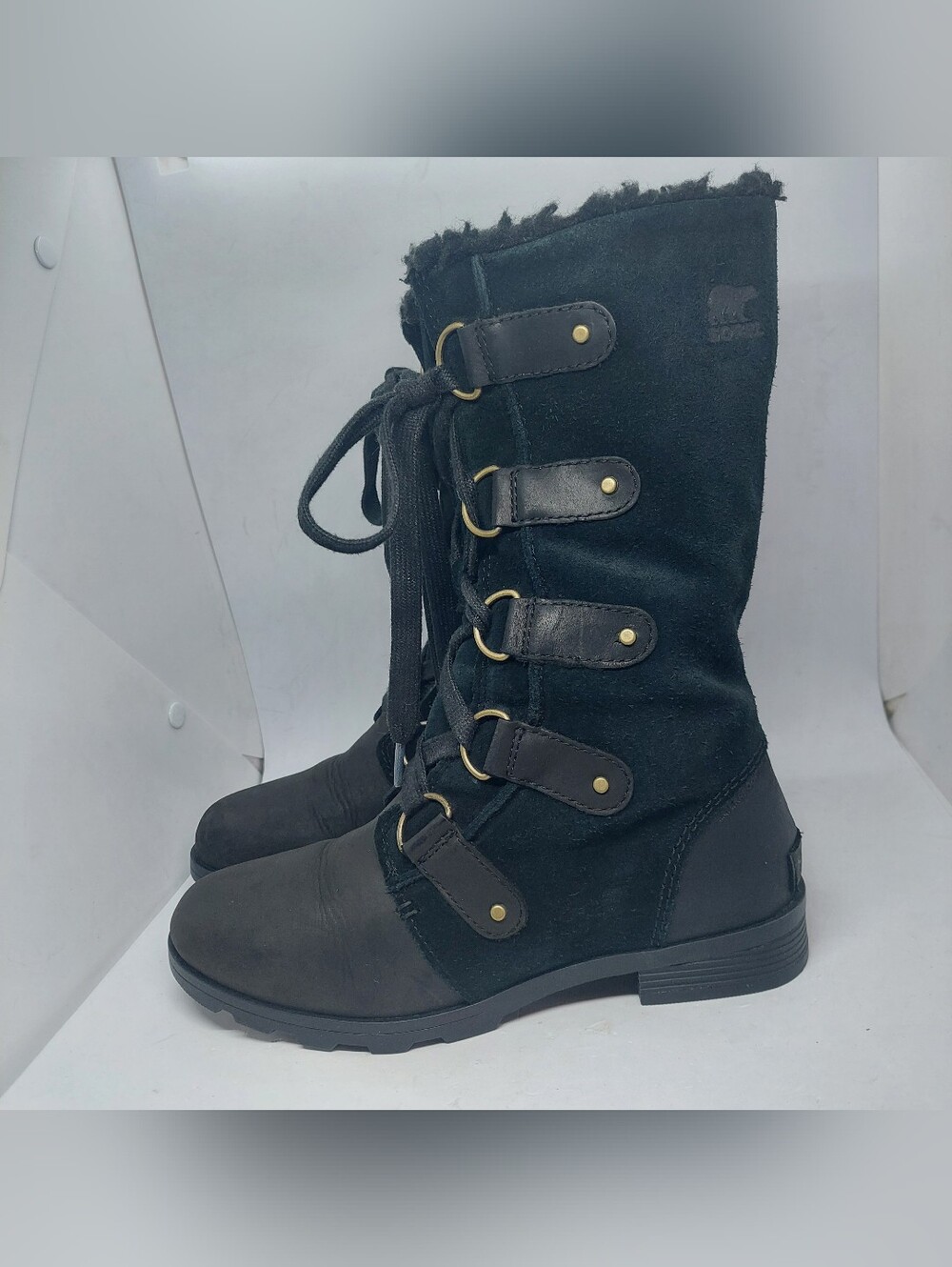 Sorel Emelie Boots Black Combat Faux Fur Waterproof Womens Size 8.5 NL2680-010